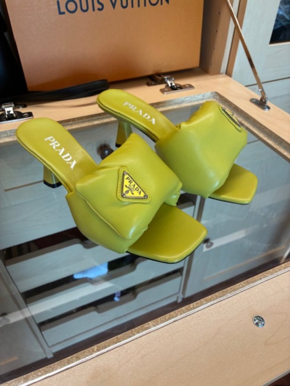 Prada Yellowish Enameled Metal Triangle Leather Size 37 Slides - Picture 2 of 7